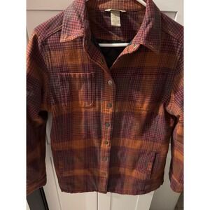 Duluth Trading Co Women Orange Plaid Quilted Flannel Shirt Jacket Shacket Size M